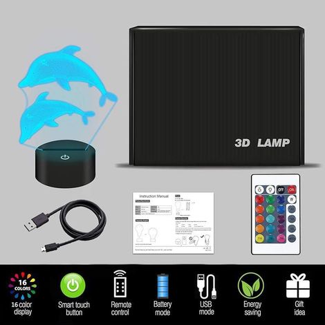 Veilleuse 3D Dauphin - Lampe LED avec Télécommande 16 Couleurs - Pour Chambre Enfant - 1 Pièce (1/5)