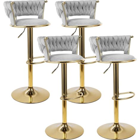 Barhocker 4er Set höhenverstellbar, drehbar, mit geflochtener Rückenlehne, Gold/Grau (1/5)