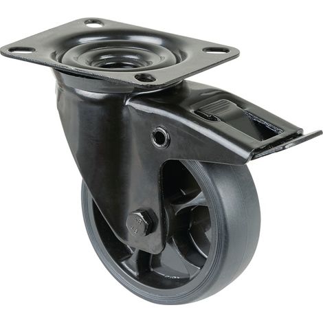 Roulette de direction D.100mm Trgf.110kg avec fixation fixe en caoutchouc 104x80mm noir (1/2)