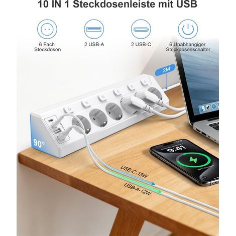 Power Strip with 6 Outlets, 4 USB Ports, Individual Switch, 2m Cable, For Kitchen, Office, Living Room (1/5)