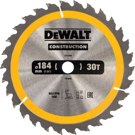 DeWALT - Hoja de sierra 184 x 16 mm, 30 dientes DT1940