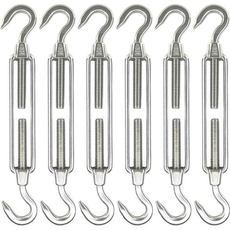 Lot de 6 tendeurs à crochet et crochet en acier inoxydable M6, matériel pour voile d'ombrage, tendeur de câble métallique robuste, antirouille, tendeurs C à C (1/4)