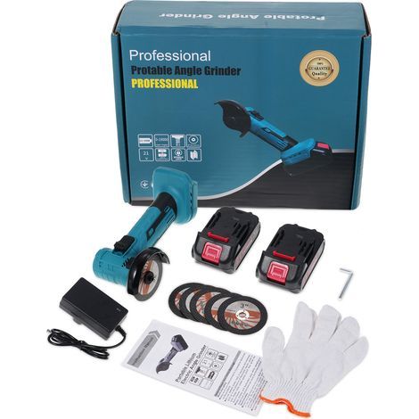 21V 19,000 RPM Brushless Angle Grinder, Rechargeable Angle Grinder for Home Use, Brushless Motor, Includes 2 x 1300mAh Batteries, Gloves, 6 Grinding Discs and a Wrench (1/5)