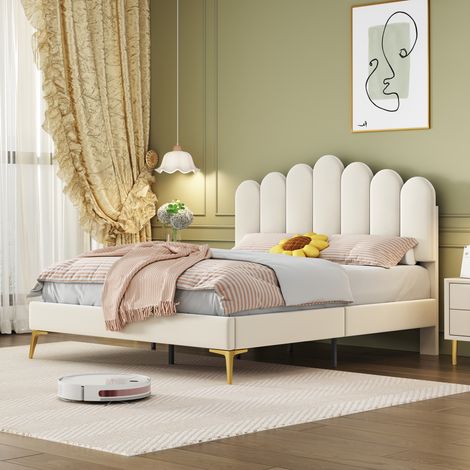 Lit double 140x200 cm, sommier à lattes inclus, tête de lit intégrée, tissu velours beige doux pour la peau, adapté aux adultes, ados et invités (1/5)