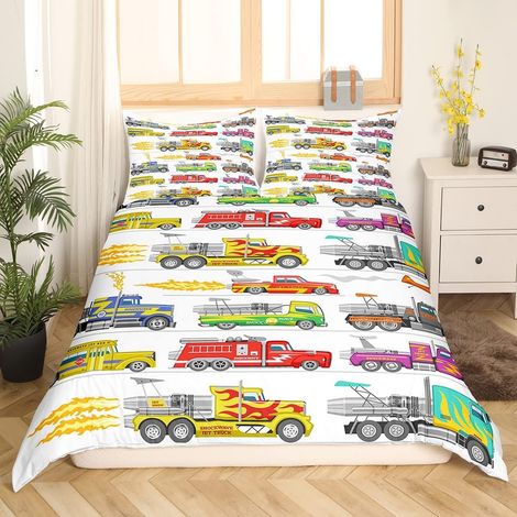 Garçons Cool Vehicles Parure de Lit 140x200cm Truck Voitures with Fire Housse de Couette pour Enfants Garçons Dessin animé Vehicles Parure Housse de Couette Voitures avec 1 taie d'oreiller - 140 x 200 (1/5)