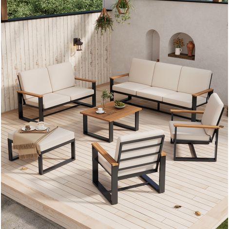 Conjunto de muebles de jardín de acero galvanizado y acacia beige, 3+2 plazas, 2 sillones, mesa de centro y reposapiés (1/5)