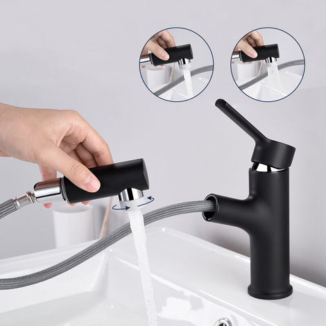 Robinet de salle de bain noir Robinet 2 jets avec mitigeur douche extractible Mitigeur monocommande lavabo cuivre (1/5)