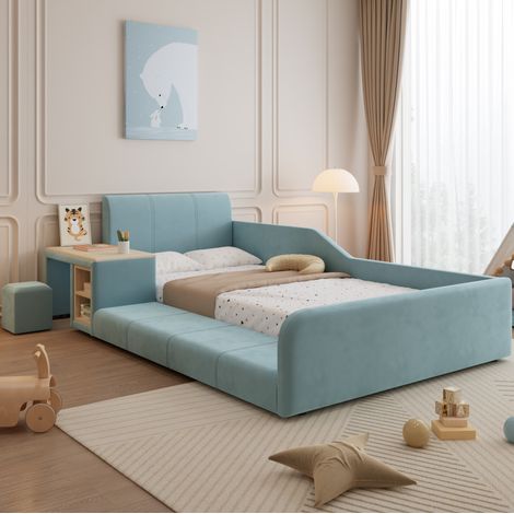 Lit simple 90x200 avec bureau et tabouret velours HAVRYA (1/5)