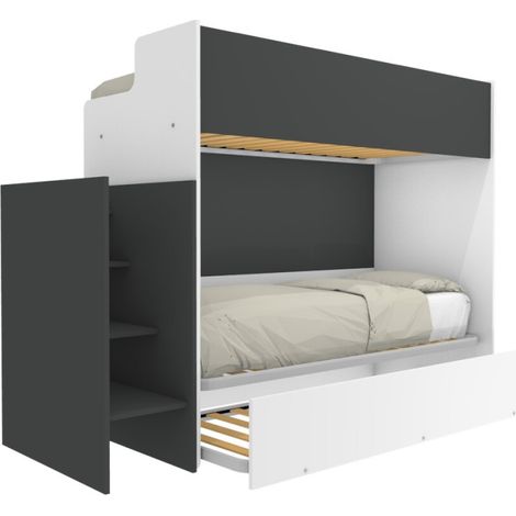 Letto a castello minimalista con terzo letto estraibile - Bianco e basalto