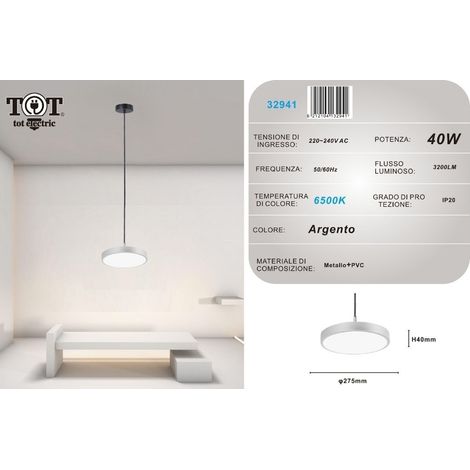 Lampadario a sospensione led 40W argento cerchio tondo design moderno minimal Bianco freddo