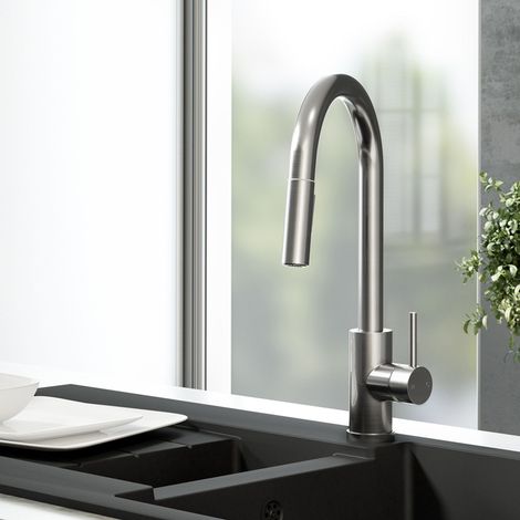 ArtiKitch Pull Out Kitchen Mixer Tap Dual Spray Swivel Spout Single Lever Brushed Steel