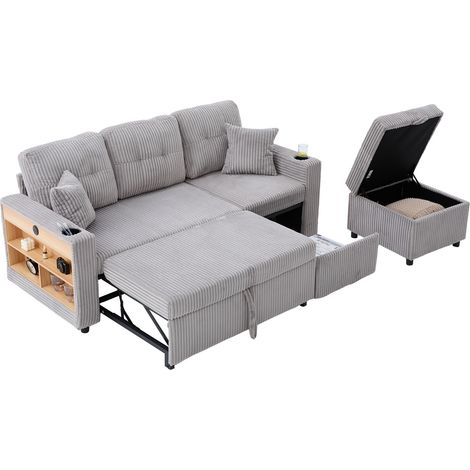 Samt-Cord Schlafsofa mit Stauraum, USB-C und LED-Licht, hellgrau (1/5)