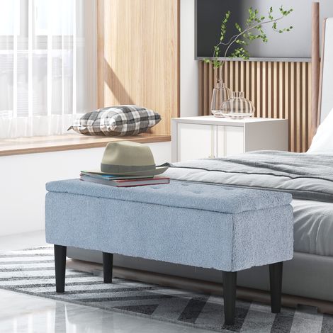 Banc rembourré avec espace de rangement - bleu - cadre en bois naturel - coffre de siège - jusqu’à 120 kg - 95 x 38 x 45 cm - Robuste