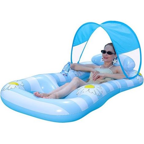 Fauteuil gonflable de piscine - Pare-soleil amovible - Porte-gobelet intégré - Imprimé marguerites - Bleu (1/5)