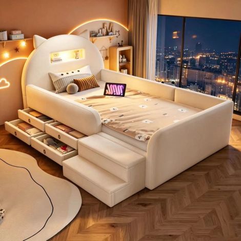 Letto imbottito per bambini 90200 cm, con graziosa testiera a forma di orecchio, ripiano portaoggetti, luce notturna e porta USB sulla testiera, con poggiapiedi removibile e cassetto portaoggetti, tes (1/5)