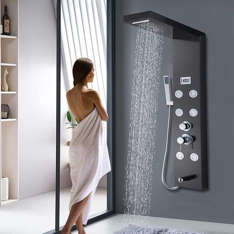 Système de Panneau de Douche avec Mélangeur 6 Fonctions Affichage de la Température 6 Jets de Massage Corporel Bec de Baignoire Pomme de Douche à Main Colonne de Douche SPA Ensemble de Douche Noir