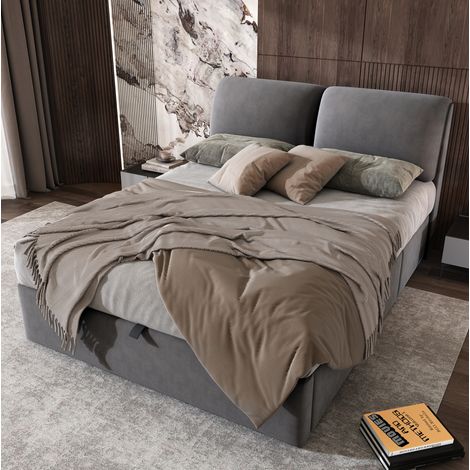 Cama con canapé 140x190 cm de terciopelo gris con almacenaje, sin colchón FloraGrace (1/5)