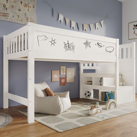 Lit mezzanine 90x200cm escalier avec rangements MDF et bois garde corps sécurisé blanc (Sans matelas) (1/5)