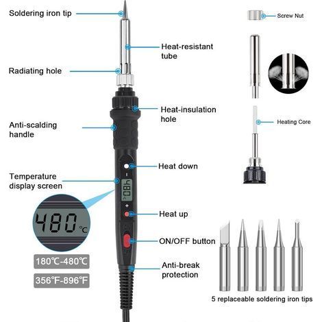 Fer à Souder Électrique 80W Kit de Soudure Température Réglable 180℃480℃ Visible avec l'Interrupteur ON/OFF, 5 Pointes de Rechange pour Réparation Soudage Brasage Quotidiens (1/3)