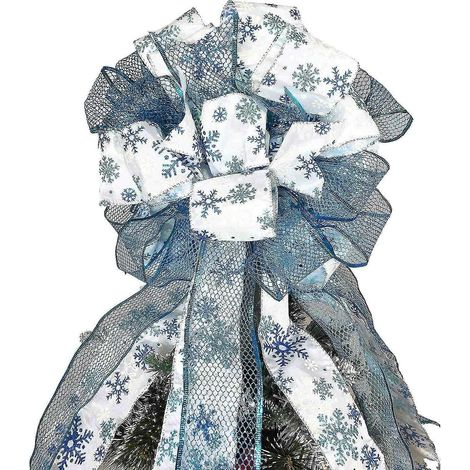 Décoration de sapin de Noël : grands nœuds décoratifs avec ruban à bord métallique (bleu) (1/5)