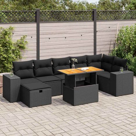 5tlg. Garten-Sofagarnitur mit Kissen Schwarz Poly Rattan Akazie
