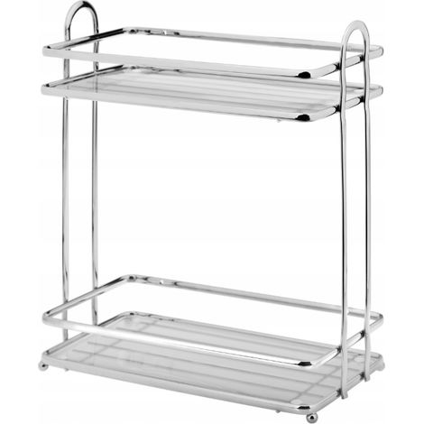 Estantería de baño rectangular BLANCA de 2 niveles, en acero cromado brillo, para uso independiente o de pared