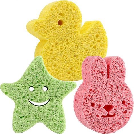 Lot de 3 éponges de bain en pâte de bois pour bébé, avec motifs de dessins animés, pour petits enfants et tout-petits.-9.50X6.70X2.50CM-Assorted Color (1/4)