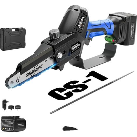 Mini motosierra, sistema de autolubricación, potente motor de 500 W, CS-1 azul, dos baterías. (1/2)