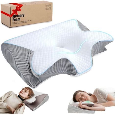 Coussin de nuque, en mousse à mémoire de forme, coussin orthopédique, anti-ronflement, coussin cervical ergonomique, pour dormir sur le côté et le dos, gris (1/5)