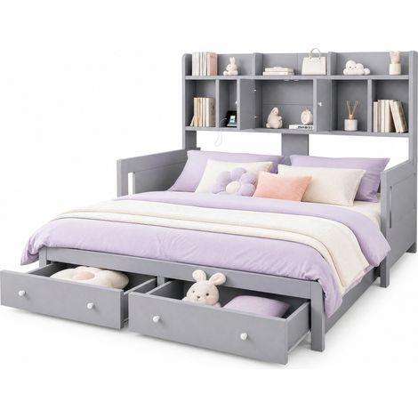 Canapé-lit extensible multifonctionnel avec rangements, LED et prise intégrée, couchage 90x190 à 180x190 cm, gris, pour chambre d'amis – CHICFURN (1/5)