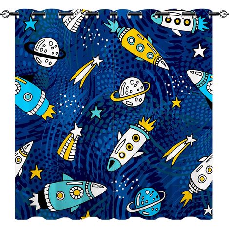 Rideaux Enfant Fusée Spatiale - Motif Astronaute, Planètes, Étoiles pour Chambre Bébé Garçons/Filles, Occultant Thermique Œillets - 2 Panneaux L60 x H90cm - 60L X 90H cm (2 Panneaux) (1/5)