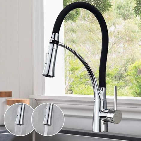 Robinet de cuisine, mitigeur flexible avec bec pivotant à 360° et flexible en silicone noir, avec douchette extractible et douchette double fonction, disponible chaud et froid, noir argenté (av (1/4)