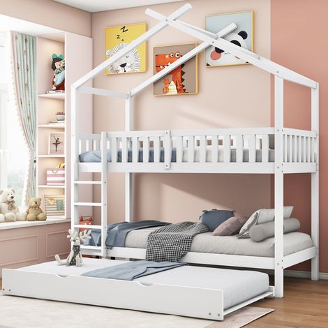 Hausbett Kinderbett 90/200 cm weiß aus Kiefer mit Ausziehbett und Umbau zu 3 Einzelbetten (1/5)