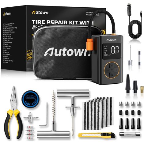 Compresseur À Air Portatif,54pcs Kit Reparation Pneu Voiture avec Gonfleur Pneus Voiture Gonfleur Pneus Voiture Fil Mini Pompe Electrique Meche Pneu Crevaison Voiture Kit Anti Crevaison Voiture (1/5)