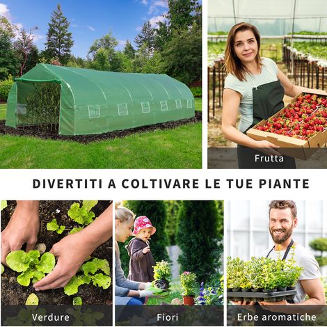 Serre tunnel de jardin 8x3x2m, structure en acier vert et PE, dotée de porte enroulable et fenêtres