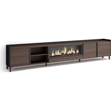 Mueble TV Alameda-02 de 315x61x35 cm con chimenea eléctrica XXL, diseño industrial, color roble oscuro y negro (1/4)