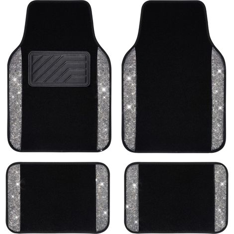 Tapis de sol de voiture avec strass brillants et diamants brillants avec talon antidérapant en PVC universel pour SUV, berline, voiture, camionnette, 4 pièces pour fille et femme (argenté noir) (1/5)