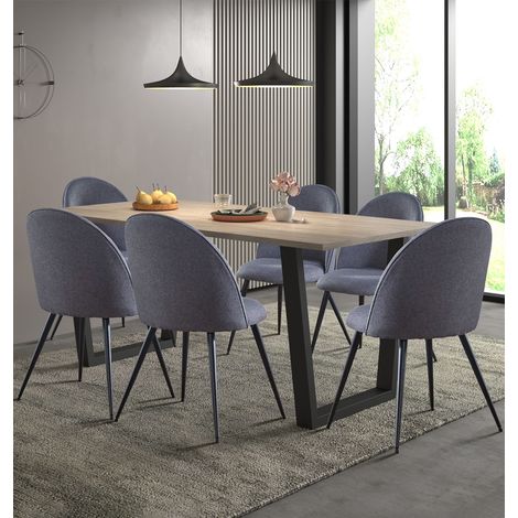 Hallowood Furniture Dudley Large Dining Table and Chairs Set 6, Dinner Table (180cm) with Chunky U Shaped Metal Legs & Grey Curved Back Fabric Chairs, Dining Room Sets for Home & Cafe (1/5)