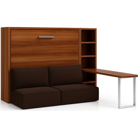 Lit escamotable horizontal LOGIA Marron lit+canapé+étagère+bureau-160x200-Canapé Marron-Structure Noyer-Version lit+canapé+étagère+bureau (1/5)