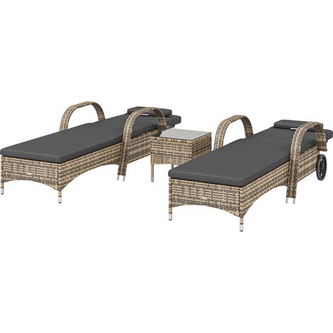 Lot de 2 transats bain de soleil inclinables avec matelas, têtière, roulettes + table basse verre trempé gris foncé