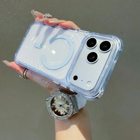 (Bleu ciel, iPhone 17 Pro Max) Coque magnétique MagSafe à motif ondulé, transparente, avec coussin d'air de protection