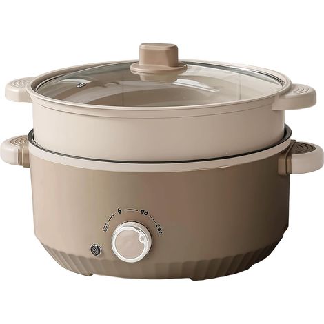 Hot Pot Électrique Portable 4,6 L avec Cuiseur Vapeur 1350W 3 Niveaux de Puissance, Revêtement Antiadhésif, Multifonction pour Cuire, Griller, Fondue, Appartement & Famille, Marron (1/5)