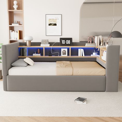 Lit banquette coffre 90x190cm avec led et prises canapé lit avec nombreux rangements - tissu - gris foncé (1/5)