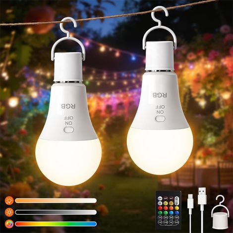 Lot de 2 RGB Ampoules Rechargeables, Contrôle des Boutons Ampoule Sans Fil E27 avec Télécommande, 3 Températures de Couleur, 7W Dimmable, Ampoule LED Rechargeable USB avec Minuterie (1/5)