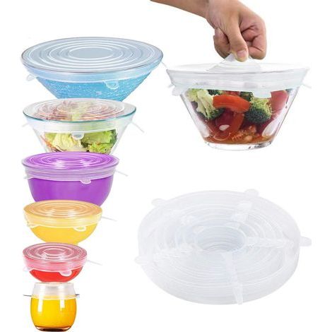 Tapas de silicona elásticas, duraderas y respetuosas con el medio ambiente, reutilizables, resistentes al calor, disponibles en varios tamaños para cuencos (blancas, paquete de 6). (1/5)
