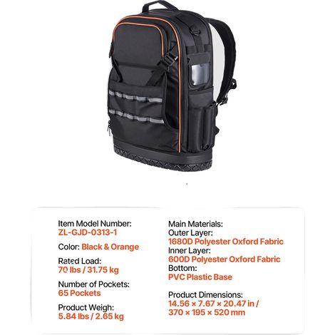 Sac à dos à outils, 65 poches, construction durable, 14-16inch (1/2)