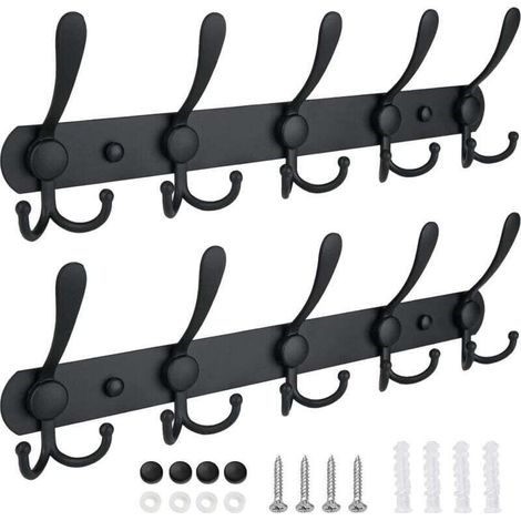 Porte Manteau Mural 5 Crochets Métal Robuste pour Entrée Vestiaire Noir Mat Pack de 2 (1/4)