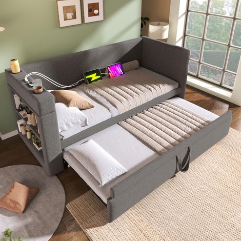Lit gigogne convertible, 90x190 cm, Banquette lit une place avec tiroir lit gigogne et chargeur USB Type-C porte-gobelets, Gris