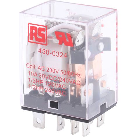 Rs Pro – Relais sans accrochage 2 RT – Bobine 230V c.a. enfichable – Courant de commutation 10A – Puissance 1.2W – 2 pôles