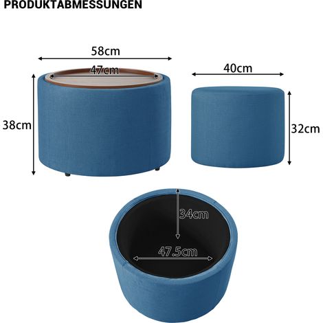 Lot de 2 tabourets de rangement Ball & Cast, repose-pieds en lin avec plateau bois, table basse ronde et siège, 58 cm, bleu